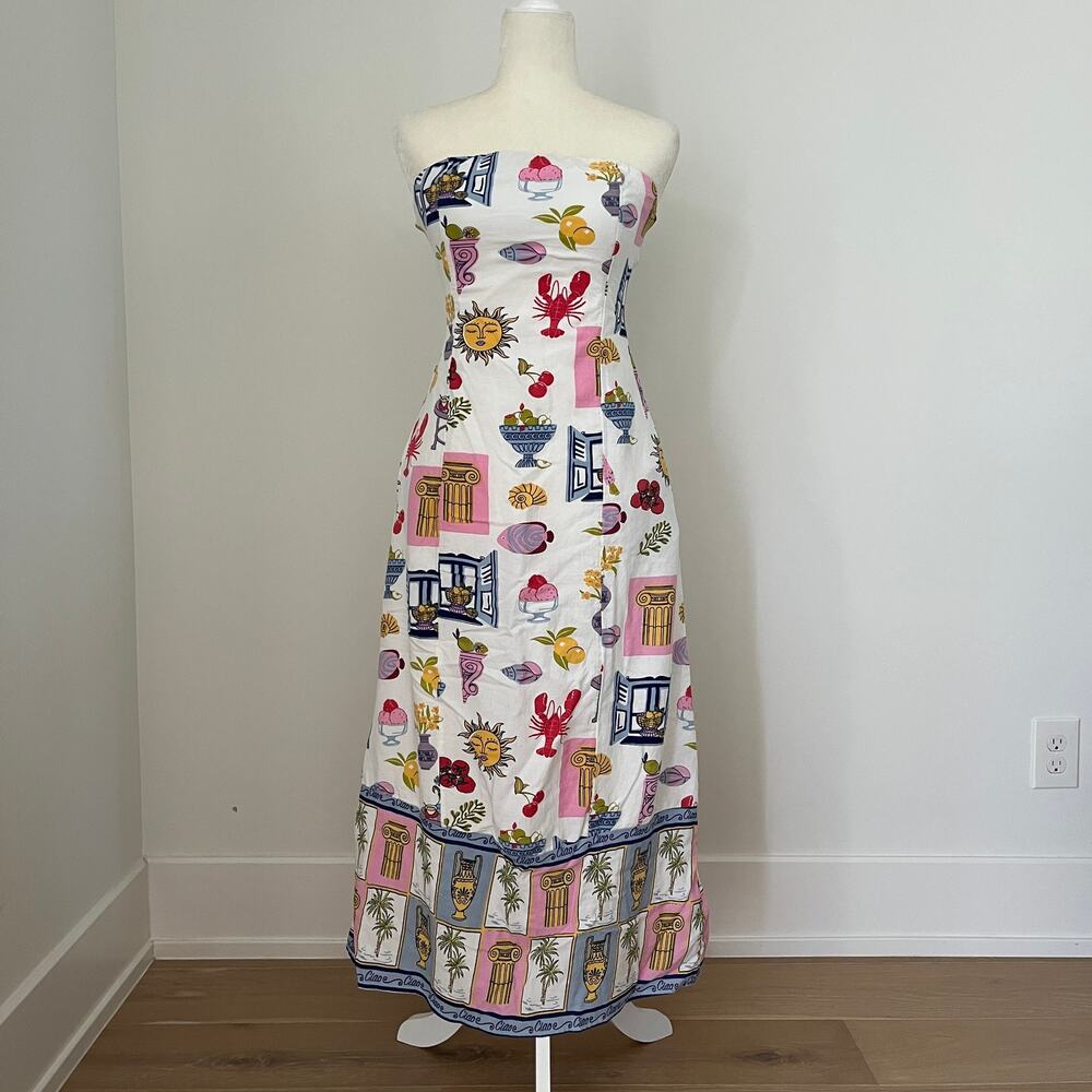 Japna Linen Blend Greece Print Strapless Maxi Sundress Medium